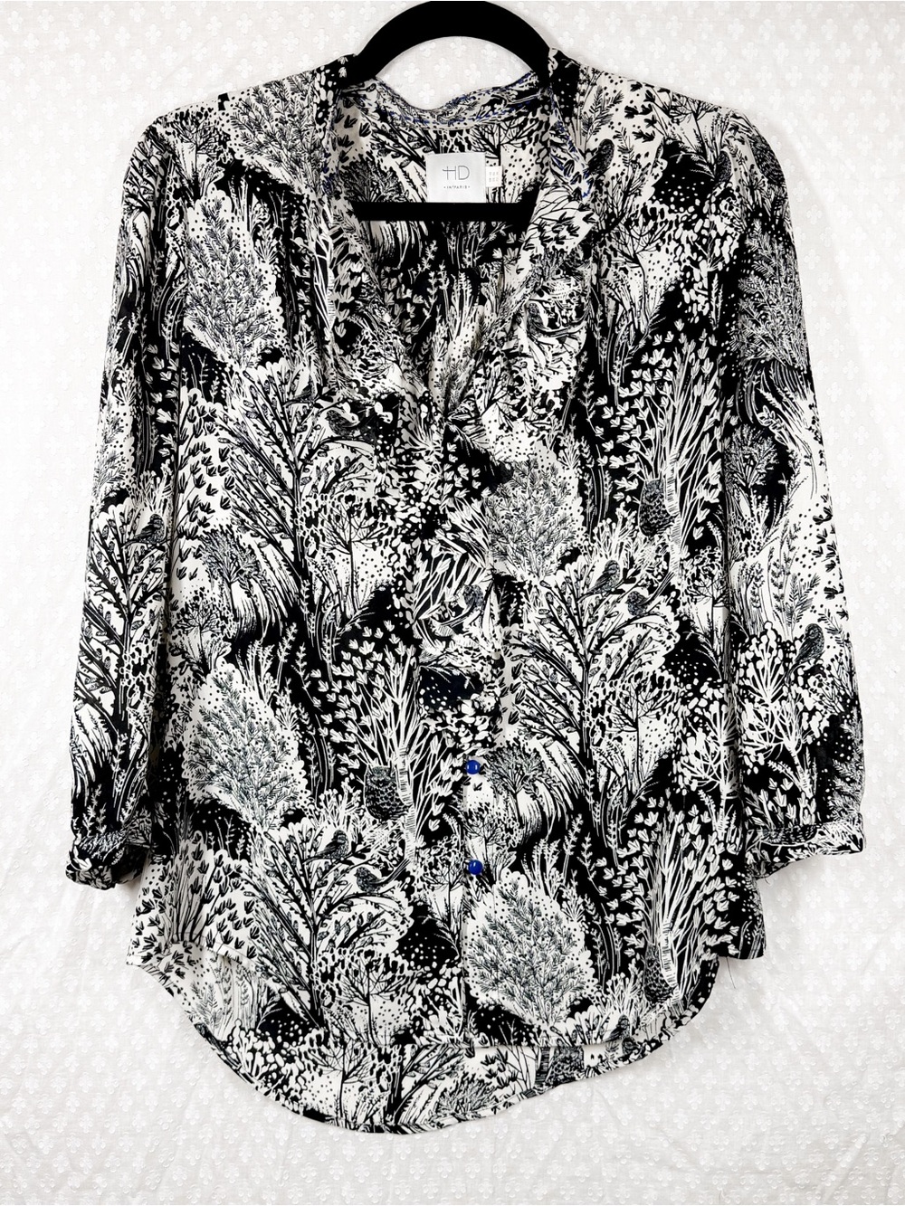 Anthropologie HD In Paris Black Cream Floral Bird Print Ruffle Button Down Top